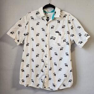 Matix Mens Button Down Shirt L White Toucan Bird Beer Allover Print Short Sleeve